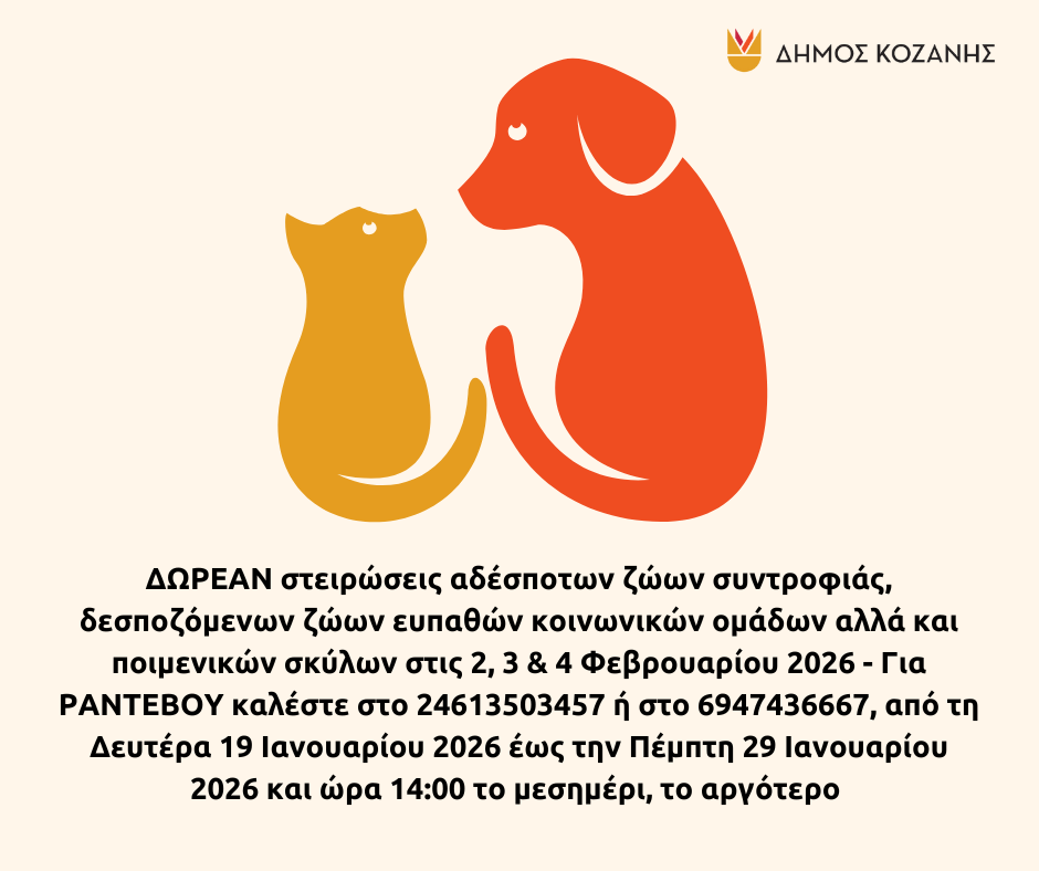 Δήμος Κοζάνης: ΔΩΡΕΑΝ στειρώσεις αδέσποτων ζώων συντροφιάς